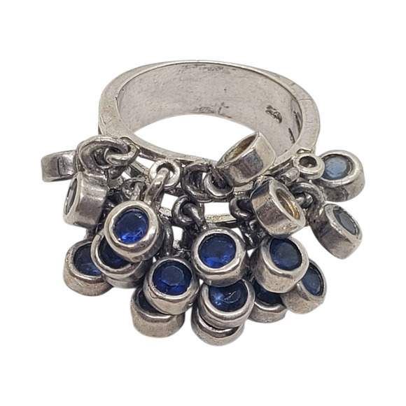 Sterling Jewelry - Vintage Sterling Silver Multi Dangle Blue Glass Charm Ring Size 6.5 Boho Moves